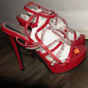 A pair of red women's heels shoes with rhinestone straps. (All sizes available)